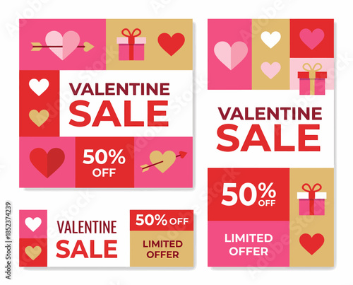 Valentine's Day Sale Promotional Banners with Heart and Gift Icons in Pink and Red Tones