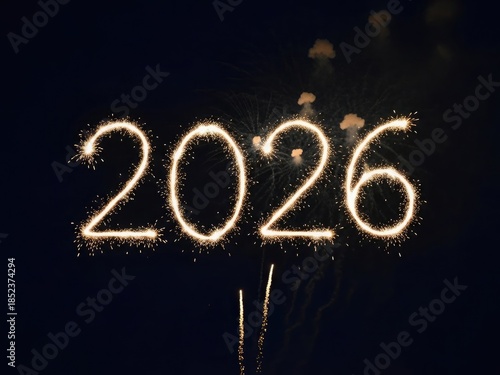 Sparkling fireworks display forming the year 2026 in a dark night sky