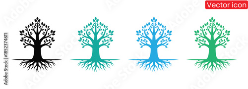 Vibrant tree icons in different colors for eco friendly designs,simple tree decor silhouette vector image,Black Tree Silhouette Vector Pack. Minimalist Nature Icons