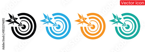 Colorful target icons with arrows in black, blue, orange, and green,Set of success target icons.outline icons related to success target board. Linear icon collection. Success target outline icons 