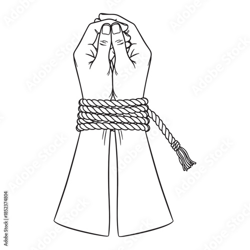 Hands bound by rope, a symbolic illustration of human rights, freedom, and restriction