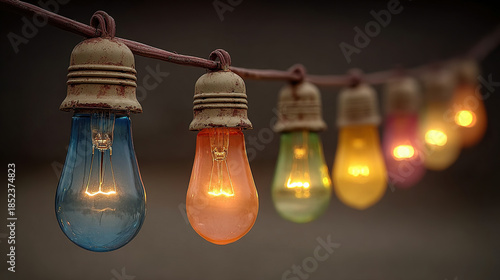 Colored light bulbs hanging on a string, lit to create a decorative effect.