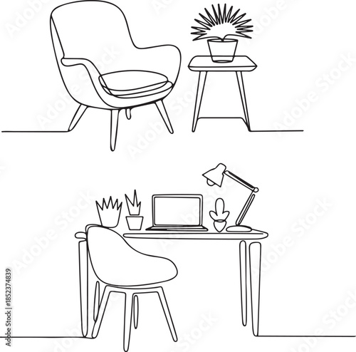 Minimalist home interior continuous line illustration with modern chair, desk workspace, plants and cozy decor scene