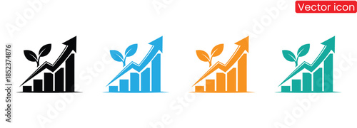 Colorful vector icons of growing business with graphs and plants.Minimalist growing graph icon showing an upward bar chart with an arrow.Perfect symbol for business growth,success,finance, statistics