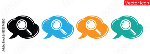 Colorful chat bubbles with magnifying glass icons for search concepts,Magnifying Glass for Search Chat or Speech Bubble Vector Design.  Chat Search Vector Logo Template.