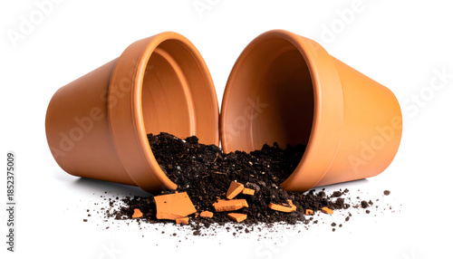 Broken terracotta flower pots spilling soil on a white background, representing gardening accidents, fragility of clay, and earthy textures in studio photography.