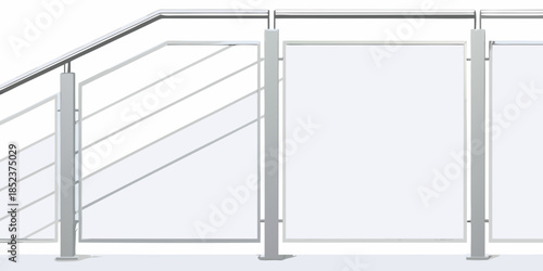 Modern staircase railing with stainless steel posts and clear glass panels