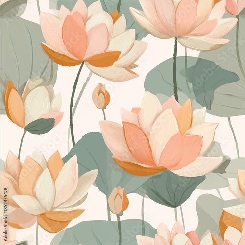 Hand painted lotus flower seamless pattern, oriental water lily floral vector background