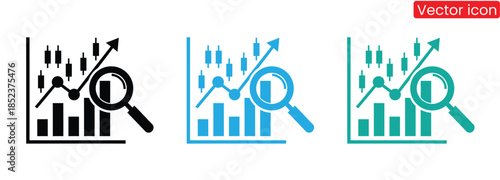 Business growth analysis with magnifying glass on charts,Analysis thin line vector icons.Logo showing a magnifying glass with a rising bar and line chart, symbolizing analysis, business growth, 