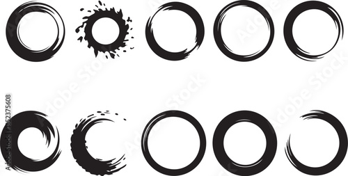 Abstract circular brush stroke ring set with ink paint texture, grunge round frames and artistic splash elements isolated
