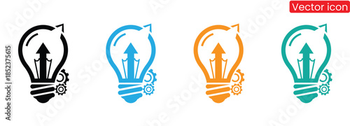 Colorful light bulb icons with arrows and gears,Light bulb Icon Set. Bulb lamp icon in thin flat style. Electric lamp, light, innovation. Idea light bulb icon vector illustration.