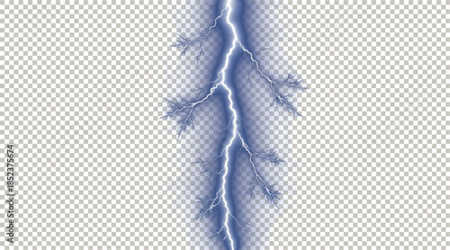 Powerful Blue Lightning Bolt and Electrical Discharge Strike Effect with Realistic Glowing Energy Sparks Isolated on Transparent Background.