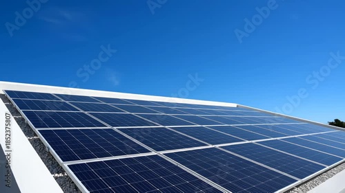 Architectural shot of rooftop solar panel installation on a contemporary home. Slow upward camera movement highlighting clean renewable energy for modern living in 4K