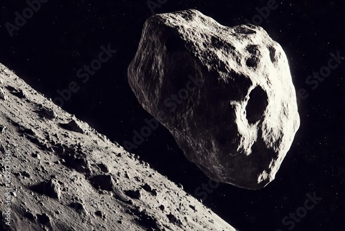 Cratered asteroid surface, highlighting space object analysis and planetary features, Cratered asteroid surface, highlighting space object analysis and planetary features.
