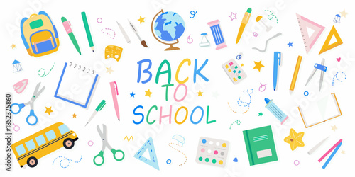 Back to school supplies illustration with backpack globe and stationery items