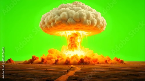 Dynamic nuclear explosion with towering mushroom cloud against green screen for VFX compositing