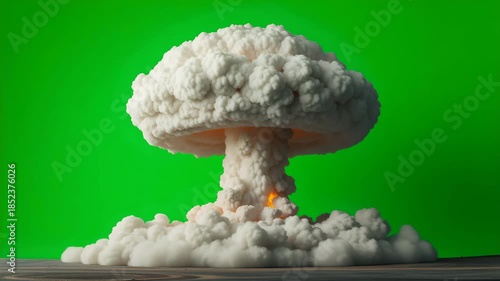 Dynamic nuclear explosion with towering mushroom cloud against green screen for VFX compositing