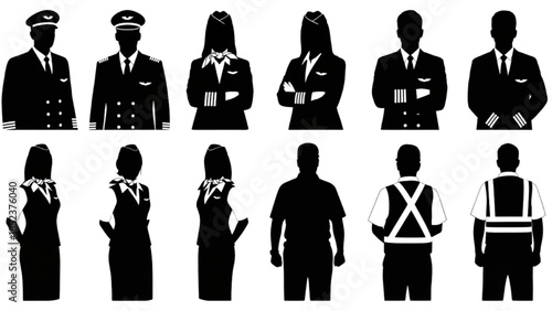 Silhouettes of Airline Crew and Ground Staff in Uniforms
