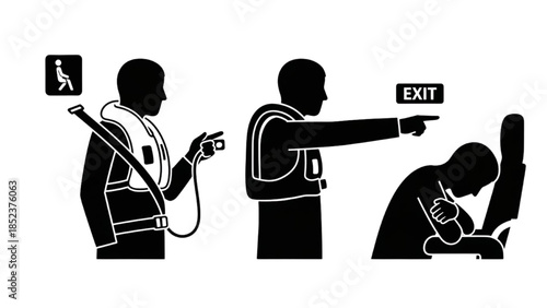 Airplane safety instructions life vest, emergency exit, and bracing for impact