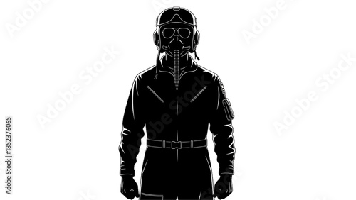 Stoic silhouette of an aviator in full flight gear, embodying courage and aerial professionalism and skill