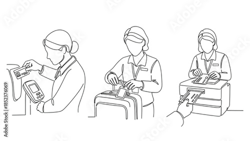 Airport security check and passenger boarding process illustration