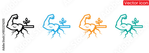 Strong arm flexing with plant growing from ground in four colors,Strong arm muscles. Muscular arms, flexing biceps and fitness or gym stencil cartoon icon 