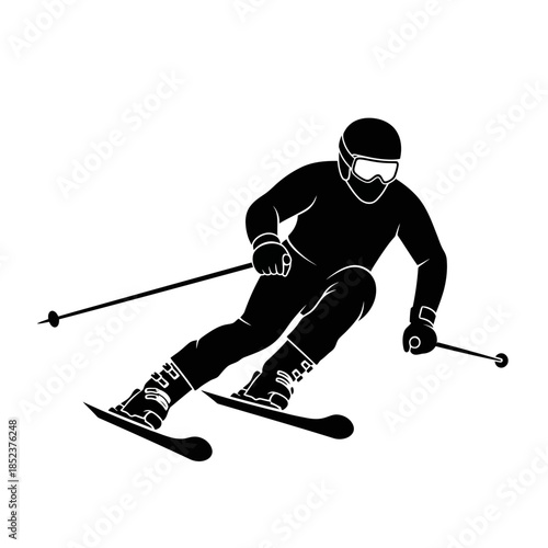 Controlled Male Downhill Skier Carving a Turn, Isolated White Background