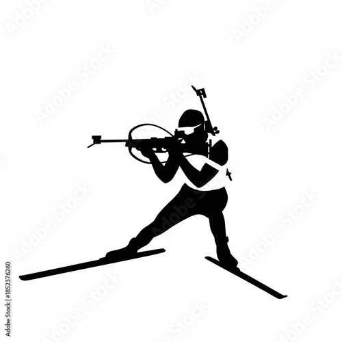 Male Biathlete Skiing and Shooting Rifle in Winter Competition, isolated white background