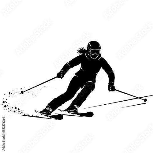 Female Skier Descending Slope with Poles in Alpine Sport, isolated white background