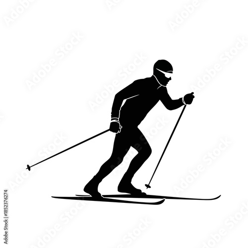 Male Cross Country Skier with Poles in Endurance Winter Sport, isolated white background