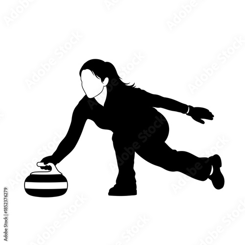 Female Curler Delivering Stone on Ice in Winter Olympic Sport, isolated white background