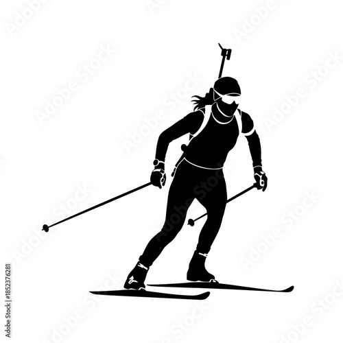 Focused Female Biathlete in Ready Ski Stance, Isolated White Background