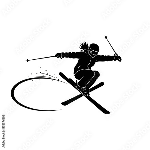 Daring Female Freestyle Skier Performing Trick, Isolated White Background