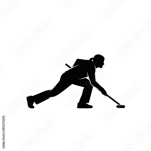 Dedicated Female Curling Player Sweeping Ice, Isolated White Background