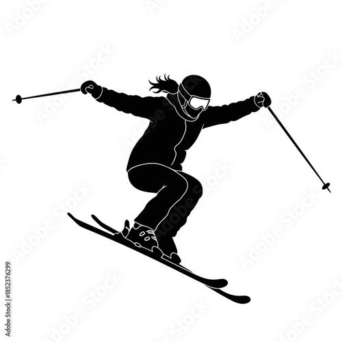 Agile Female Downhill Skier Mid-Air Jump, Isolated White Background