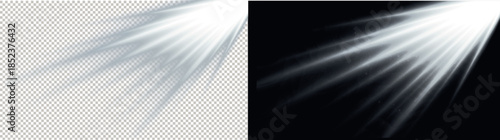 Realistic White Radiant Sun Rays and Glowing Light Beam Effects Isolated on Transparent and Black Backgrounds for Creative Design Overlays.