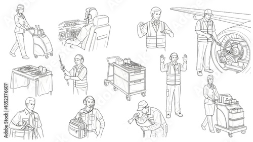 Diverse line art illustrations of airport and airline personnel performing essential operational tasks