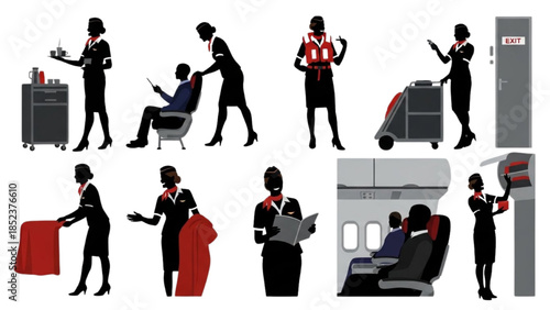 Airline crew assistance and cabin service illustrations in vector format