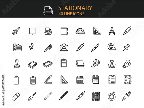 Stationery line icons set on white background office supplies vector illustration
