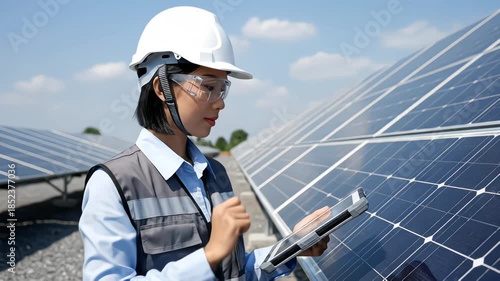 Single engineer standing in a solar farm using a digital tablet for maintenance. Professional focused mood with slow camera push-in under soft natural daylight in 4K