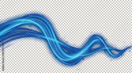 Abstract Blue Glowing Wave Lines with Dynamic Light Effect and Sparkling Particles Isolated on Transparent Background for Creative Design Overlay.