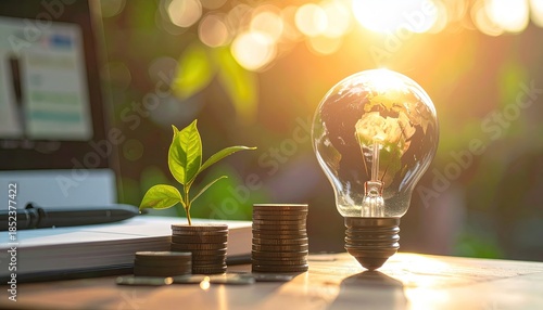 Earth-shaped lightbulb and sprout with coin stacks, outdoors