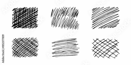 Six different black scribble patterns arranged in a two by three grid
