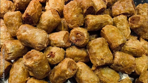 Crab meat rolls in tray, indoor Chiangmai Thailand.