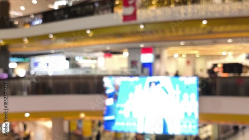 Blurred people' activities and LED screen in shopping mall.	