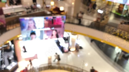 Blurred people' activities and LED screen in shopping mall.	