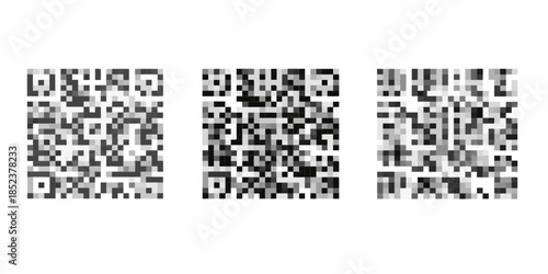Three distinct black and white square qr codes displayed against a white background