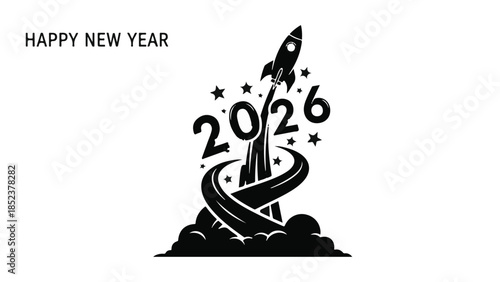 Rocket launching into starry sky with '2026' celebrating new year's eve and future aspirations