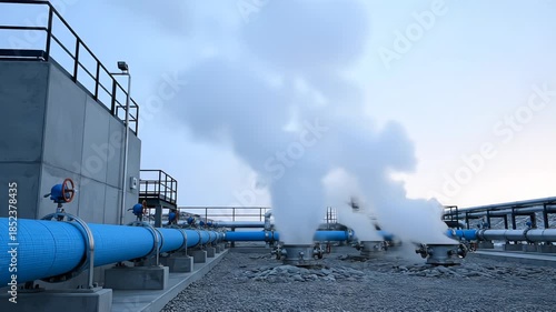 Steam rising from industrial geothermal vents under a soft overcast sky. Minimalist environmental cinematic highlighting clean sustainable heat energy generation in 4K