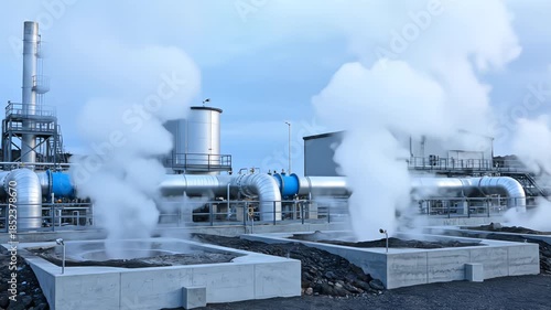 Industrial geothermal vents with gentle steam movement in a controlled environment. Wide static shot of renewable energy production under soft natural overcast lighting 4K